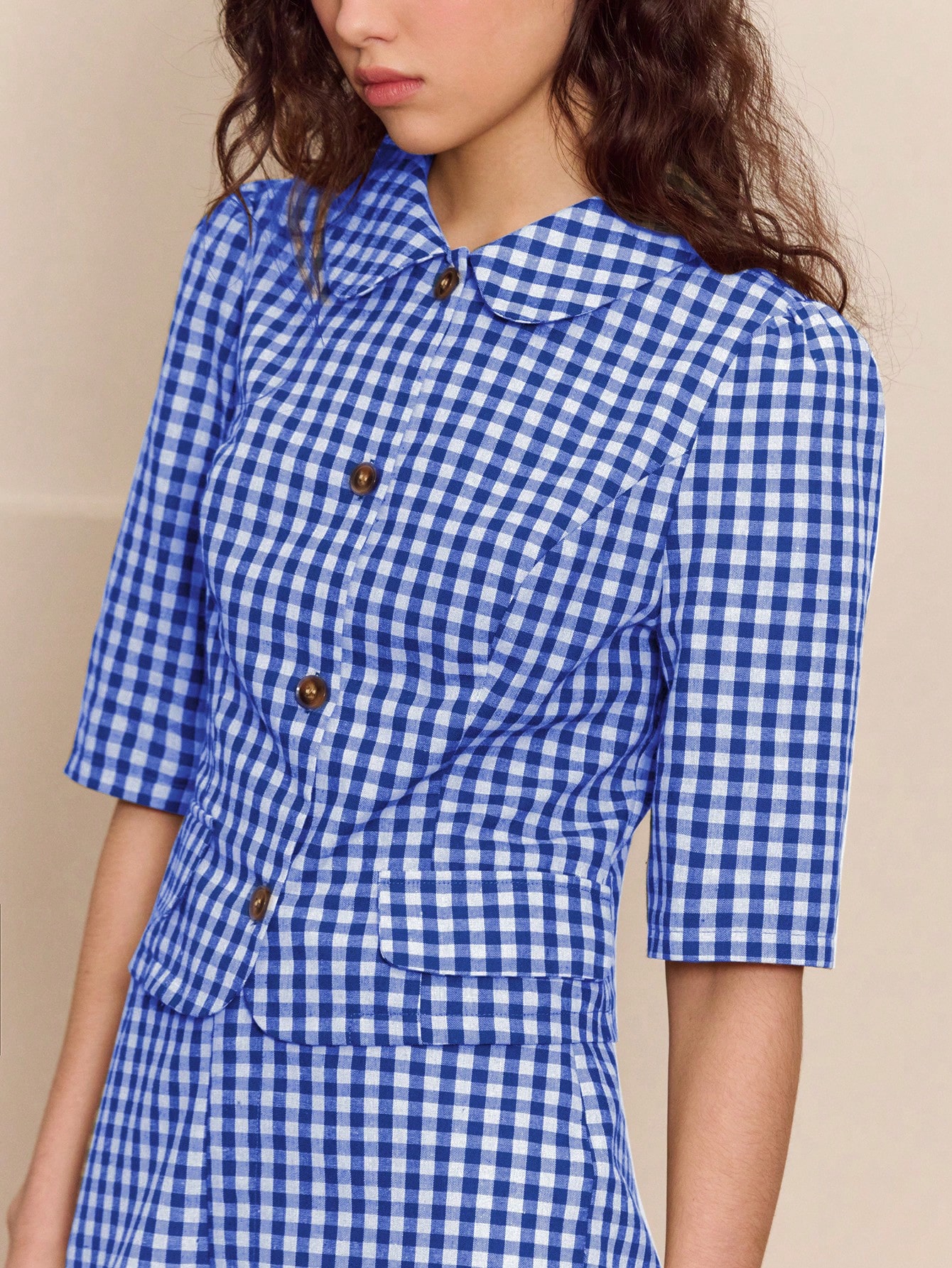 Grüne Gingham Knopf-Jacke mit kurzen Ärmeln und gerundetem Kragen, süßer Vintage-Stil