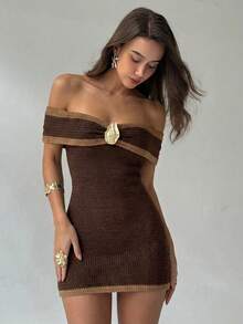 Aloruh Đầm len nữ trễ vai, cài nút trang trí, dáng ôm. - màu nâu - Xem 4