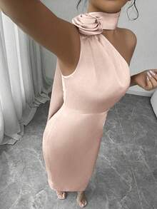 Elegant Sexy French Satin Ribbon Asymmetric Neck 3D Floral Waist Ruched Slim Fit Bodycon Dress - Pink - View 5