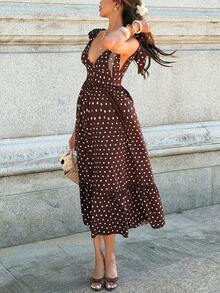 Breezaya 优雅性感V领细肩带蝴蝶结腰部荷叶边A字中长连衣裙，适合日常穿着和度假，春夏款 - 棕色 - 查看 7