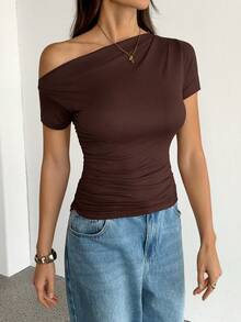 SHEIN Tall 3件套女士休闲纯色不对称领口褶皱T恤，黑色+棕色+白色，夏季 - 彩色 - 查看 10