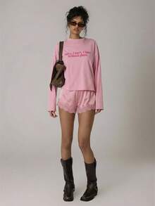 MUSERA Camiseta gráfica de manga larga oversize, casual, linda, cómoda y acogedora para otoño, invierno, primavera y verano - Rosa - Ver 2