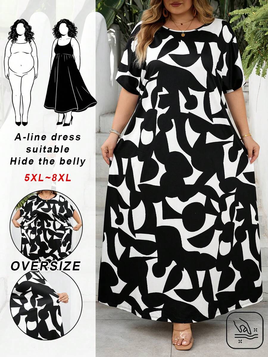SHEIN CURVE+ Curve 尺码 US22 音乐节、海滨度假、波西米亚风女士几何印花圆领短袖优雅长连衣裙 - 黑與白 - 查看 1