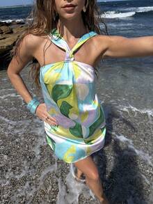 Opulessa 女士度假撞色休闲时尚露背迷你连衣裙 - 綠色 - 查看 3