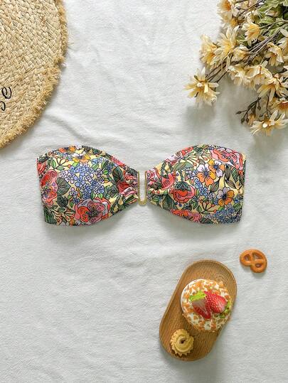 Swim Vcay Women's Tropical Cute Print Halter Neck Tie Front Crop Top, Metal Decor, Beach Vacation Casual Party Bikini Top