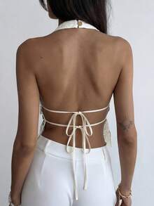 Aloruh 女士度假风深V亮片装饰性感吊带上衣 - 杏色 - 查看 2