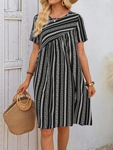 EMERY ROSE Đầm ngắn tay kẻ sọc thường ngày dành cho nữ - Nhiều màu - Xem 3