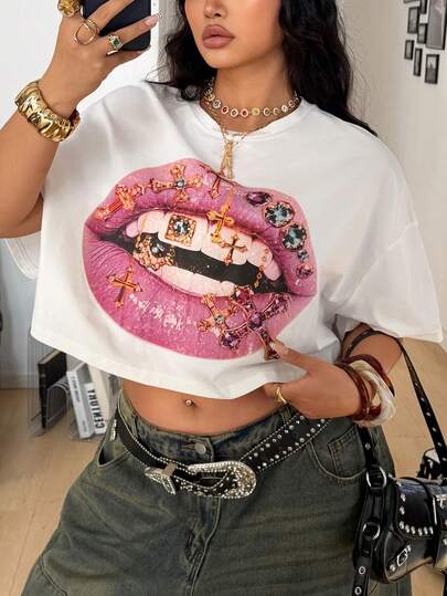 Coolane Damska odzież uliczna w dużych rozmiarach, wiosna/lato, codzienna, vintage, Y2K, wyjście, hip-hop, swobodna, plus size, krótka, z nadrukiem ust