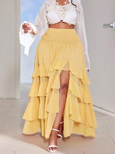 Maweii Plus Size Women Solid Color Ruffle Hem Split Design Fashionable Versatile Party & Outing Skirt