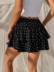 SHEIN EZwear 女士休闲波点印花荷叶边A字裙 - 黑色 - 查看 6