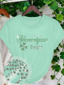 EMERY ROSE Áo thun Let The Shenanigans Begin Bling, Áo thun đính đá ngày lễ Thánh Patrick, Áo thun đính đá ngày lễ Thánh Patrick, Áo thun đính đá ngày lễ Thánh Patrick, Áo thun nữ cỡ lớn - Màu xanh Cadet - Xem 1