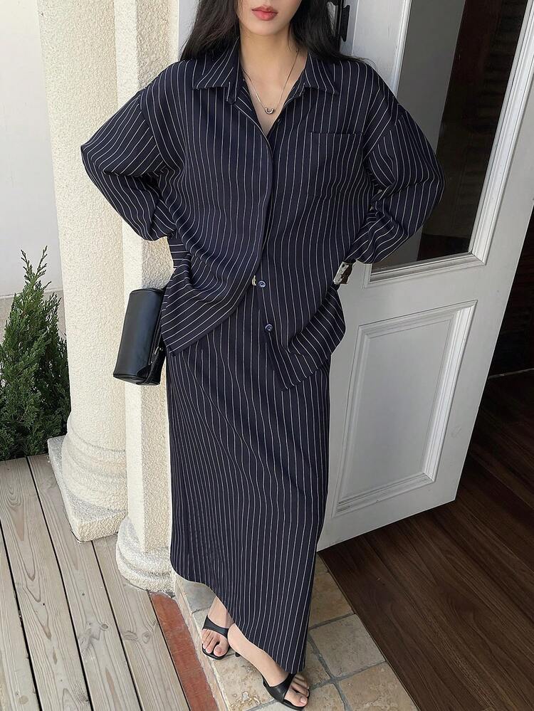 Women's Striped Long Sleeve Button-Up Shirt And A-Line Skirt Casual 2-Piece Set Summer