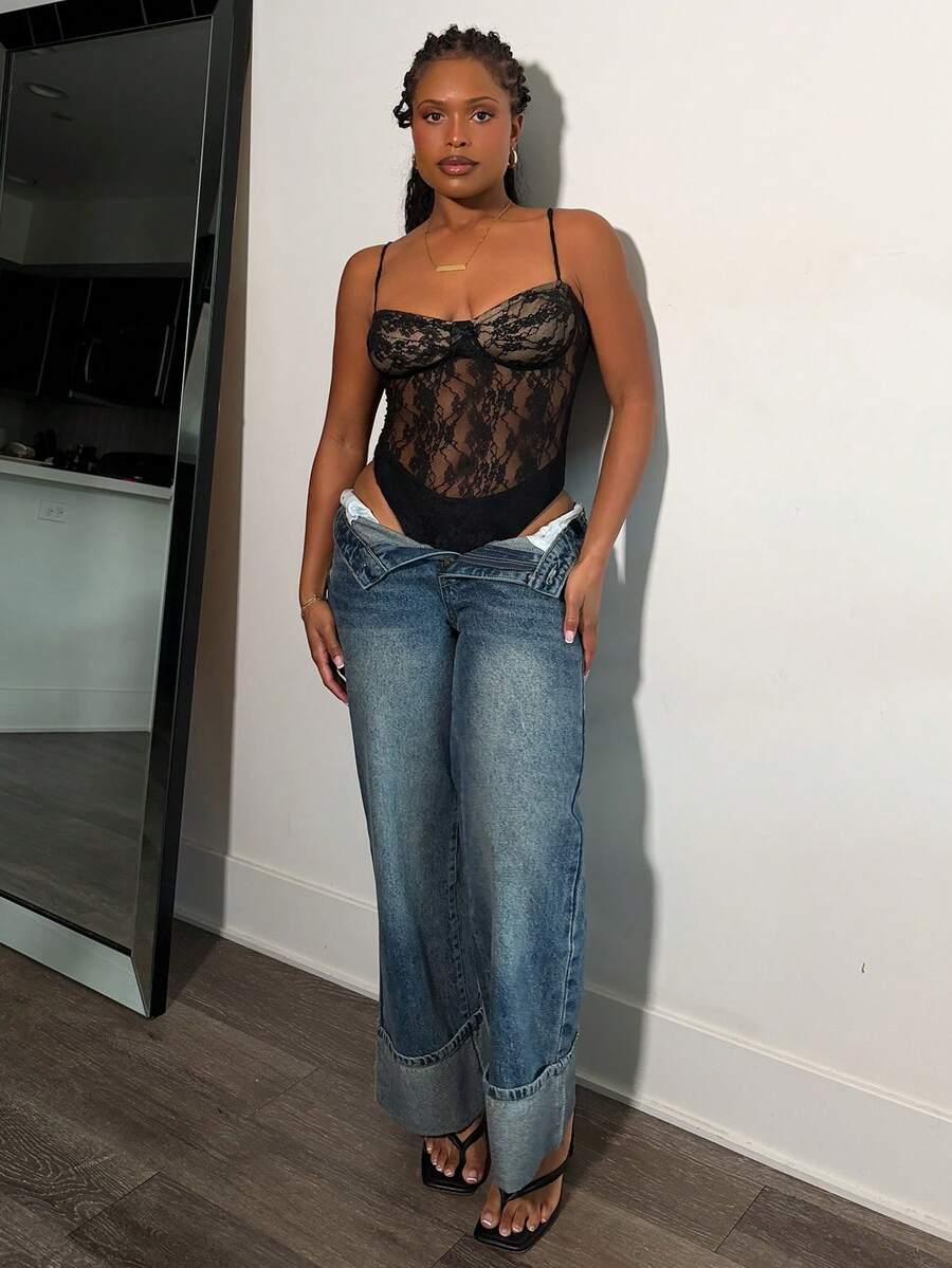 Tyla Gomez 女士网眼拼布透视性感紧身衣 - 黑色 - 查看 1