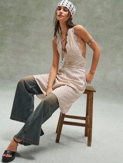 Bohemela Casual Woven Polka Dot Backless Mid-Length Dress For Women