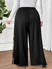 SHEIN CURVE+ Plus Size Women's Romantic Elegant Fashion Black High Waist Sequin Embroidery Mesh Patchwork Wide Leg Pants, Stretchy Knit Trousers - Black - View 3