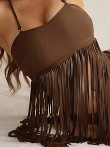 SHEIN Swim 两件套比基尼，吊带泳衣 - 棕色 - 查看 3