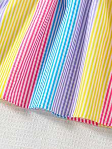 SHEIN Explorewe Young Girl' Multicolor Rainbow Striped Snug Fit Waist Strap Dress, Suitable For Daily Outings, Beach, Vacation - Multicolor - View 4