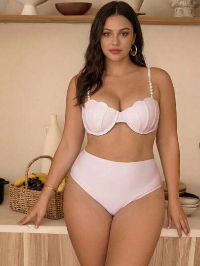 Swim Chiccia Conjunto de traje de baño de talla grande con decoración de concha de perla, elegante y de alta gama, adecuado para vacaciones en la playa 2026