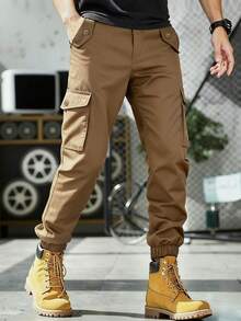 Manfinity Homme 男士纯色休闲修身工装裤，带斜插口袋 - 卡其色 - 查看 4