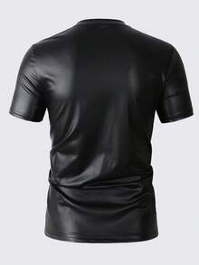 Manfinity LEGND Men's Stand Collar Zipper Half Placket Fashionable Versatile Daily Wear Short Sleeve T-Shirt - Black - View 2