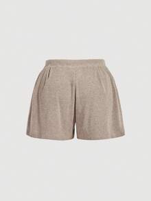 SHEIN MOD Plus Size Comfortable Set, Khaki Casual Brushed Ribbed Short Sleeve T-Shirt And Shorts Set, Spring/Summer Loungewear.Plus Size Taupe Ribbed Knit Two Piece Set Short Sleeve Top V Neck Wrap Front Drawstring Waist High Rise Shorts Soft Texture Lightweight Fabric Relaxed Fit Comfortable Wear Subtle Sheen Minimalist Style Elastic Waistband Casual Look Simple Design Gentle Stretch Summer Casual Outfit Woman Summer Outfit Set Shorts Outfit Set - Khaki - View 6