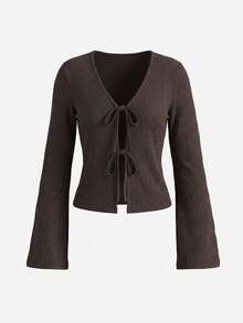 SHEIN PETITE 女士休闲纯色V领喇叭袖扭结前襟衬衫，春秋季棕色V领上衣，深棕色上衣，巧克力棕色上衣，咖啡棕色上衣，棕色系带前襟上衣 - 棕色 - 查看 4