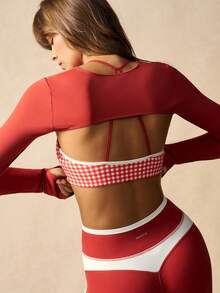 VARSIVA Bộ đồ thể thao nữ áo crop top dài tay màu trơn, áo ngực kẻ caro và quần legging - Nhiều màu - Xem 5