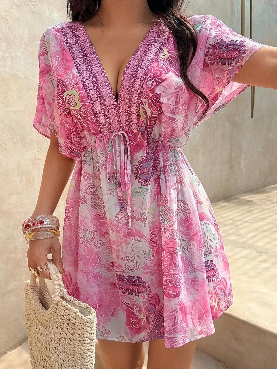 Sunnyshic Đầm mini tay cánh dơi họa tiết Paisley cho nữ, kiểu dáng thường ngày, đa năng, thích hợp cho kỳ nghỉ hè, chất liệu chiffon. - Hồng - Xem 1