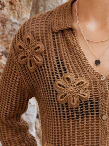 Maija Cárdigan de manga larga con tejido calado y diseño floral 3D - Café integral - Ver 3