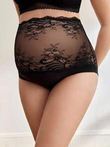 SHEIN 1pc Black Lace High Waist Maternity Underwear Panty - Black - View 3