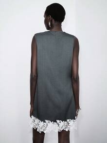 Lumivelle Grey Sleeveless Round Neck A-Line Mini Dress, Vintage Romantic Casual Minimalist Chic Commuter Dress, Spring/Summer Sleeveless Dress Lace Trim Dress - Grey - View 2