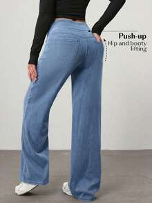 Flexra Petite Women's Casual Everyday Commute Simple Versatile High Waist Elastic Waist Loose Wide Leg Jeans - Light Wash - View 2