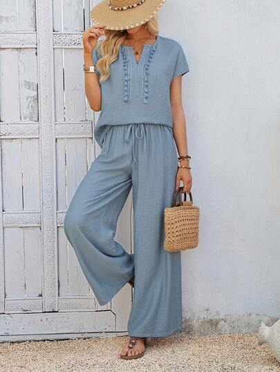 EMERY ROSE Damski letni, swobodny, jednokolorowy komplet z frędzlami, top i spodnie, 2 sztuki