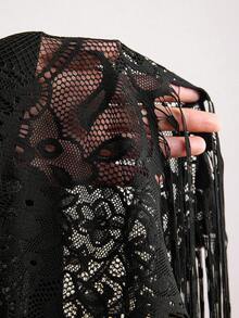 Freevana 夏季乡村音乐节纯色度假风蕾丝连衣裙，高开衩设计 - 黑色 - 查看 8