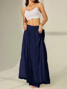 SHEIN Tall 女士纯色褶皱腰身荷叶边下摆半身裙 - 藏蓝色 - 查看 8