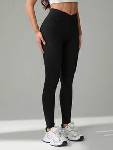 SHEIN Tall 女款純色極簡高腰長褲，日常穿著，適合高個女性 - 黑色 - 查看 4