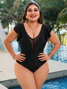 Swim Lushoire 大码女士纯色网纱连体泳衣，适合海滩度假、泳池派对、沙滩派对 - 黑色 - 查看 3
