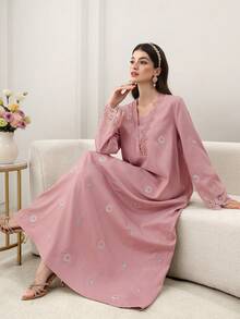 Yasmyna Vestido largo de manga larga con dobladillo acampanado elegante y holgado bordado para mujeres - Rosa - Ver 11