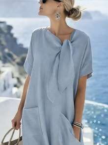 Louniche Đầm nữ dáng casual, chất liệu giả denim, cổ tròn, buộc dây, có túi, thoải mái cho mùa xuân/hè. - Xám Xanh - Xem 4