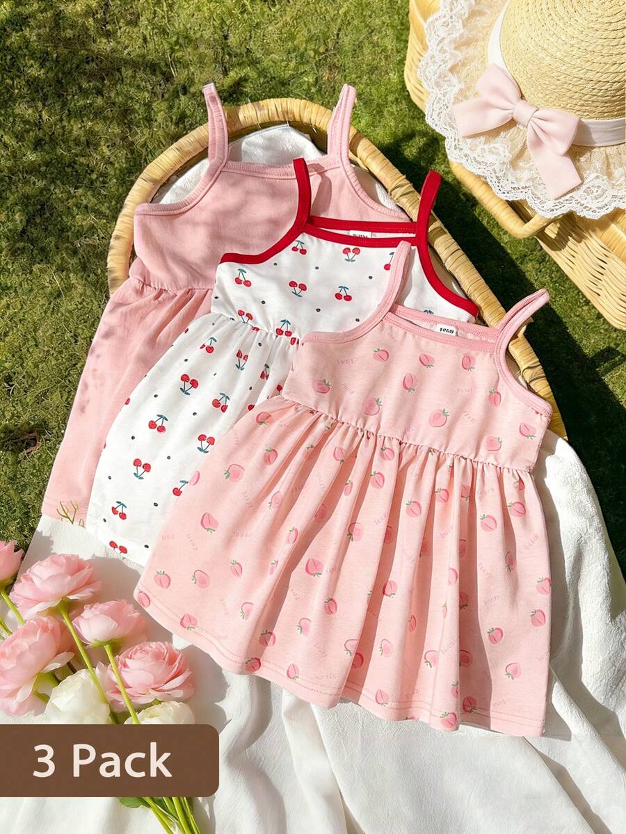 SHEIN 3pcs Baby Girls' Sleeveless Dress Set,Cute Pink Floral Summer Picnic Stretchy Camisole,Elastic Leopard & Stripe Pattern Sundress For Vacation & Party - Pink - View 1