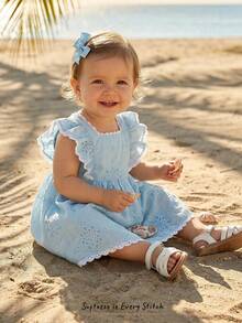 Cozy Pixies 女婴碎花边方领短袖腰系带连衣裙 - 寶藍色 - 查看 9