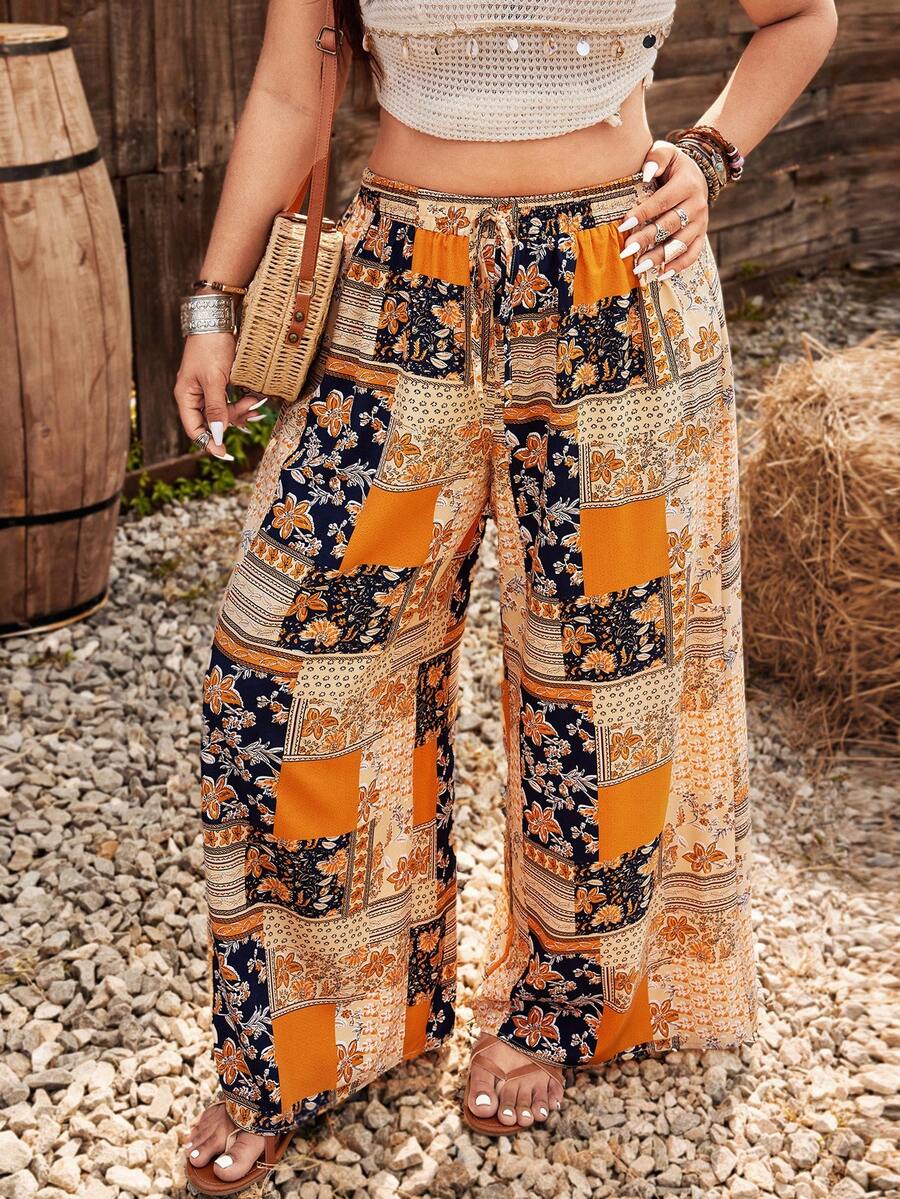 Ceyna Plus Size Straight Loose Drawstring Pants, Multi-Color, Suitable For Spring & Summer Music Festival Pants Boho Pants For Women Patchwork Pants Bohemian Trousers Wide Leg Pants Woman High Waist Boho Women's Clothing - Multicolor - View 1