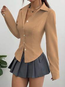 SHEIN Unity 女士纯色修身前襟纽扣长袖简约百搭衬衫 - 薑色 - 查看 5