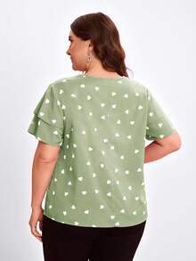 Reflora Plus Size Round Neck Short Sleeve Ruffle Hem Heart Print Loose Blouse, Summer - Mint Green - View 2