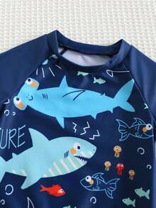 SHEIN Bubblio 2 Stücke/Set Baby Jungen süßer gestrickter elastischer Hai-Muster Farbblock Langarm Badeanzug & Badeshorts Set, geeignet für Strand, Pool, Urlaub - Verschiedenfarbig - Übersicht 3