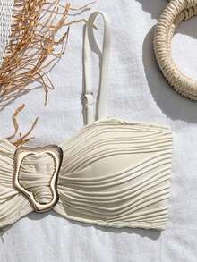 SHEIN 2026 Spring/Summer New Fashion Beige Textured Fabric Metal Decor Comfortable Stretchy 3 PiecesSwimsuit Set - Beige - View 5