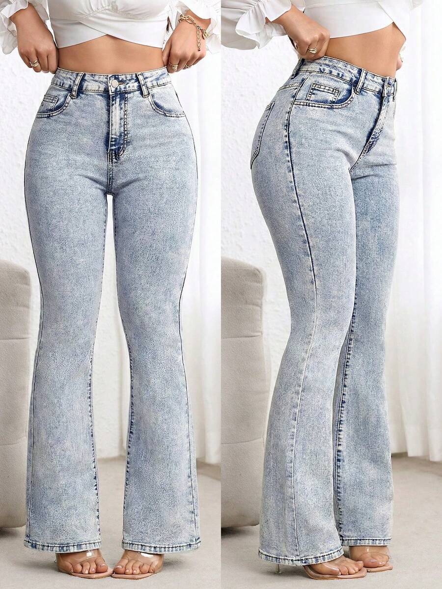 SHEIN ICON 纯色系带修身喇叭牛仔裤 - 淺色水洗藍 - 查看 1