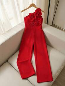 SHEIN 少女休闲优雅紫色不对称肩部修身简约3D立体花卉装饰连体裤，适合派对、聚会、婚礼、春夏穿着。 - 紫色 - 查看 4