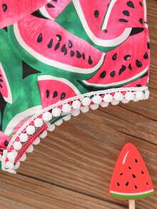 SHEIN 女婴圆领短袖西瓜印花休闲连体衣，夏季 - 粉色 - 查看 5