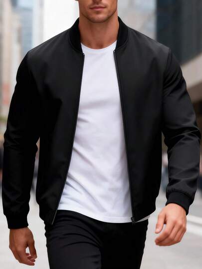 Manfinity Homme Men's Casual Solid Color Commuter Zip-Up Jacket Jacket For Men